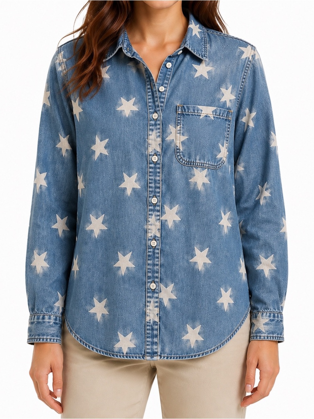 Sneak Peek Women’s Blue Star Print Tencel Chambray Button Down Shirt Medium EUC